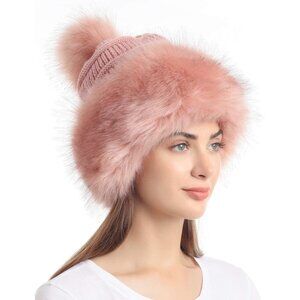 Women's Pink High-quality faux fur and acrylic  Pompom Ski Snow Cap